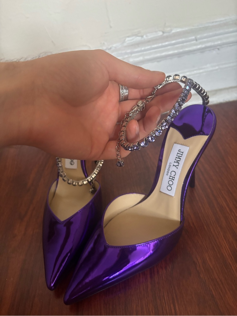Jimmy Choo Metallic Purple Pointed-Toe Stiletto Heels with Crystal Ankle Chain - Picture 4 of 7